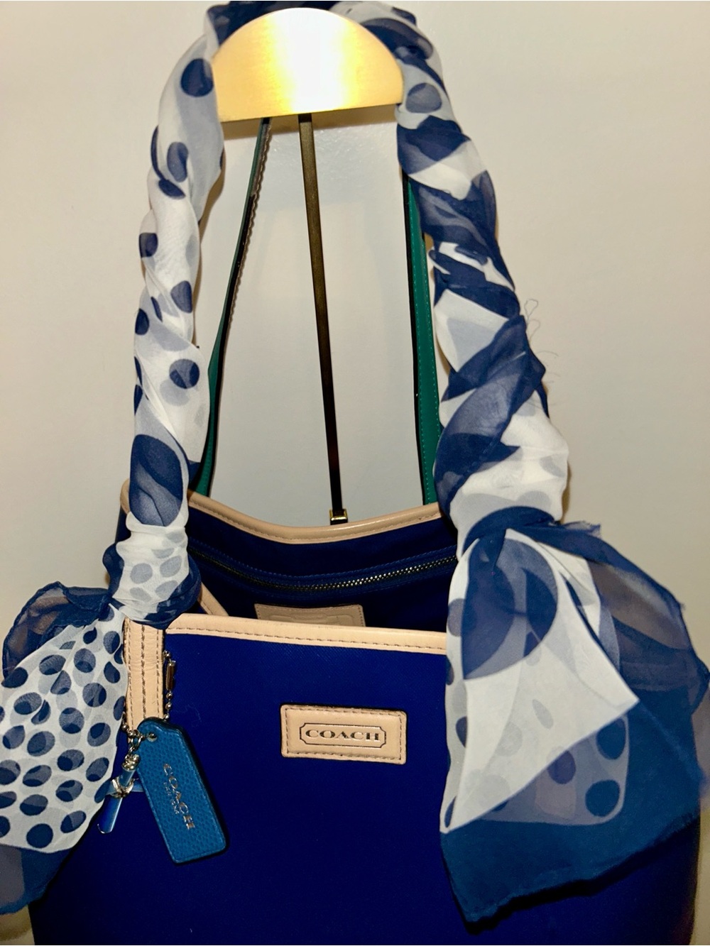 Coach Park Navy Saffiano Leather Tote with Polka Dot Scarf-wrapped Handles - Picture 5 of 14